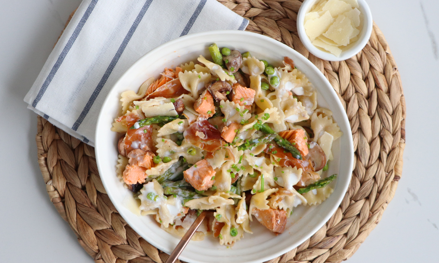 Salmon Pasta with Prosciutto, Asparagus, and Peas