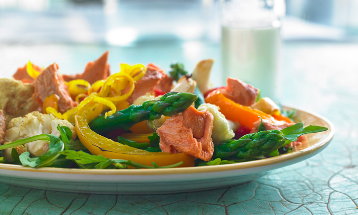 Salmon, Wilted Arugula, and Roasted Spring Veggies Blend