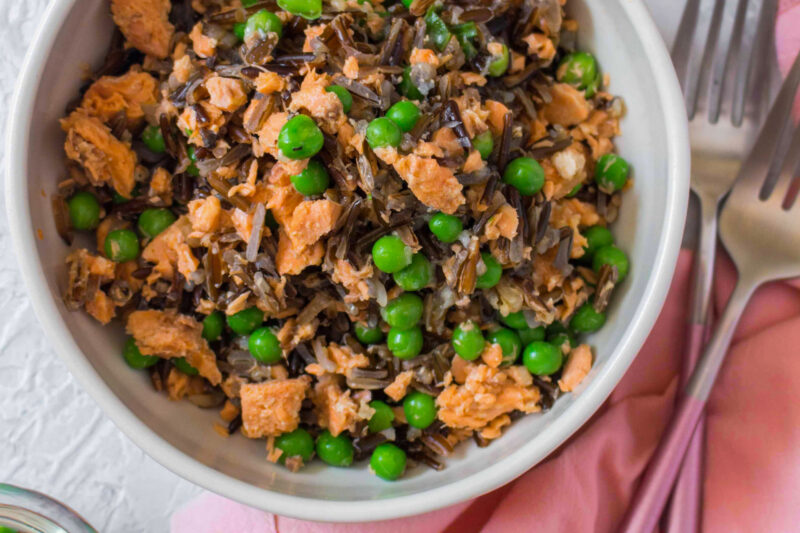 A bowl of Wild Rice Pea Salmon Salad