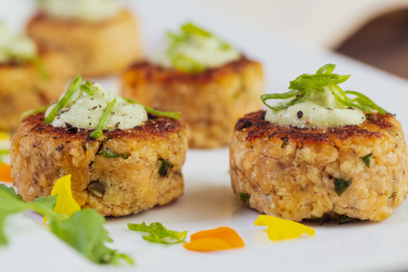 Plated Salmon Loaf Bites with Creamy Avocado Dressing