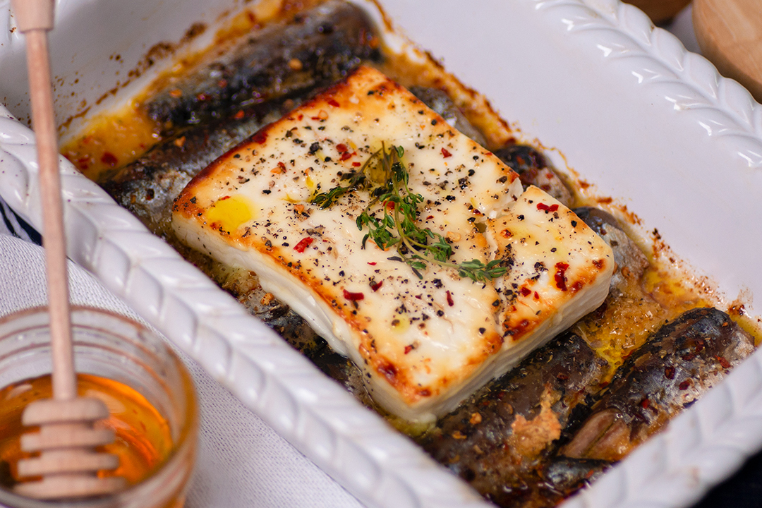 Baked Feta Cheese with Canned Sardines, Honey and Thyme