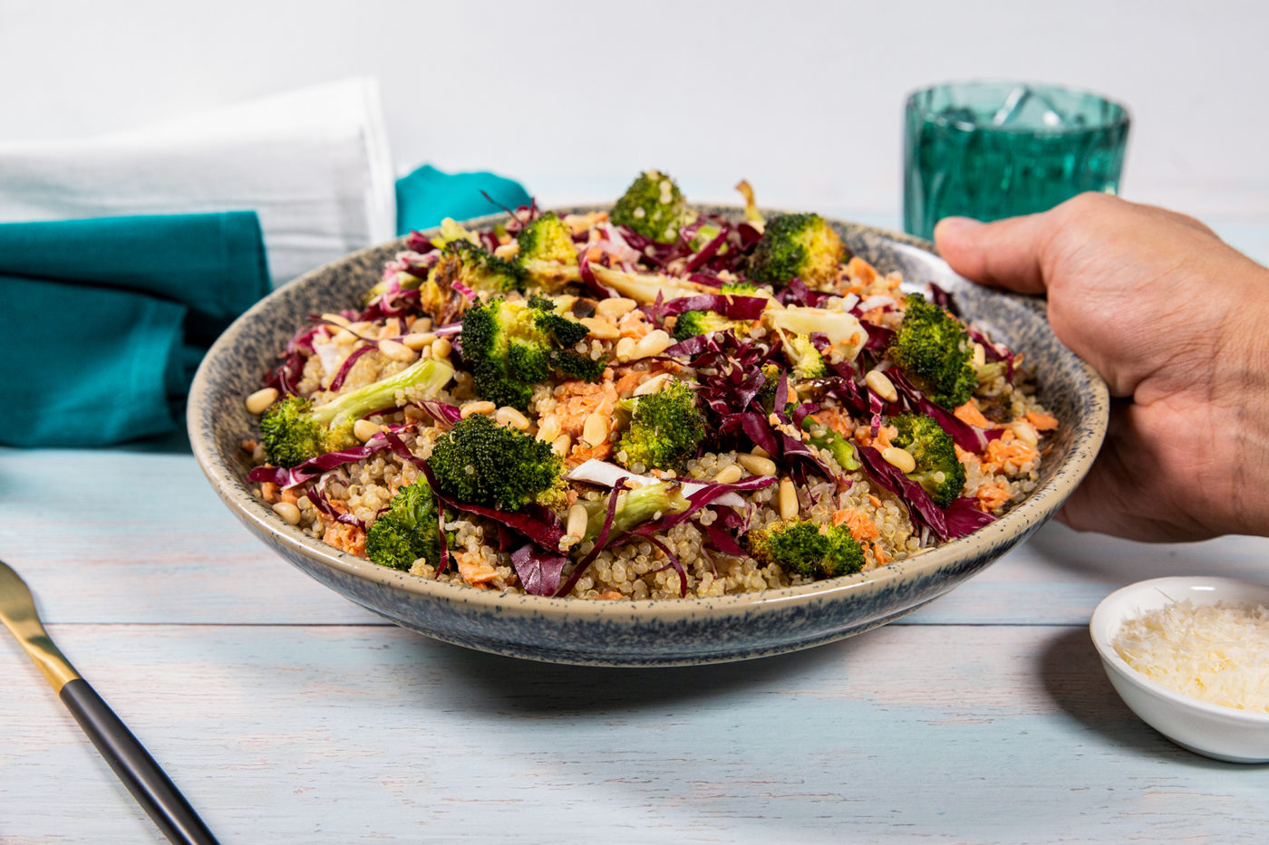 Weeknight Salmon Quinoa Salad with Anchovy Dressing